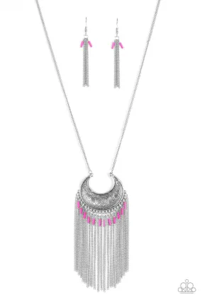 Desert Coyote Long Pink and Silver Fringe Necklace - Paparazzi Accessories