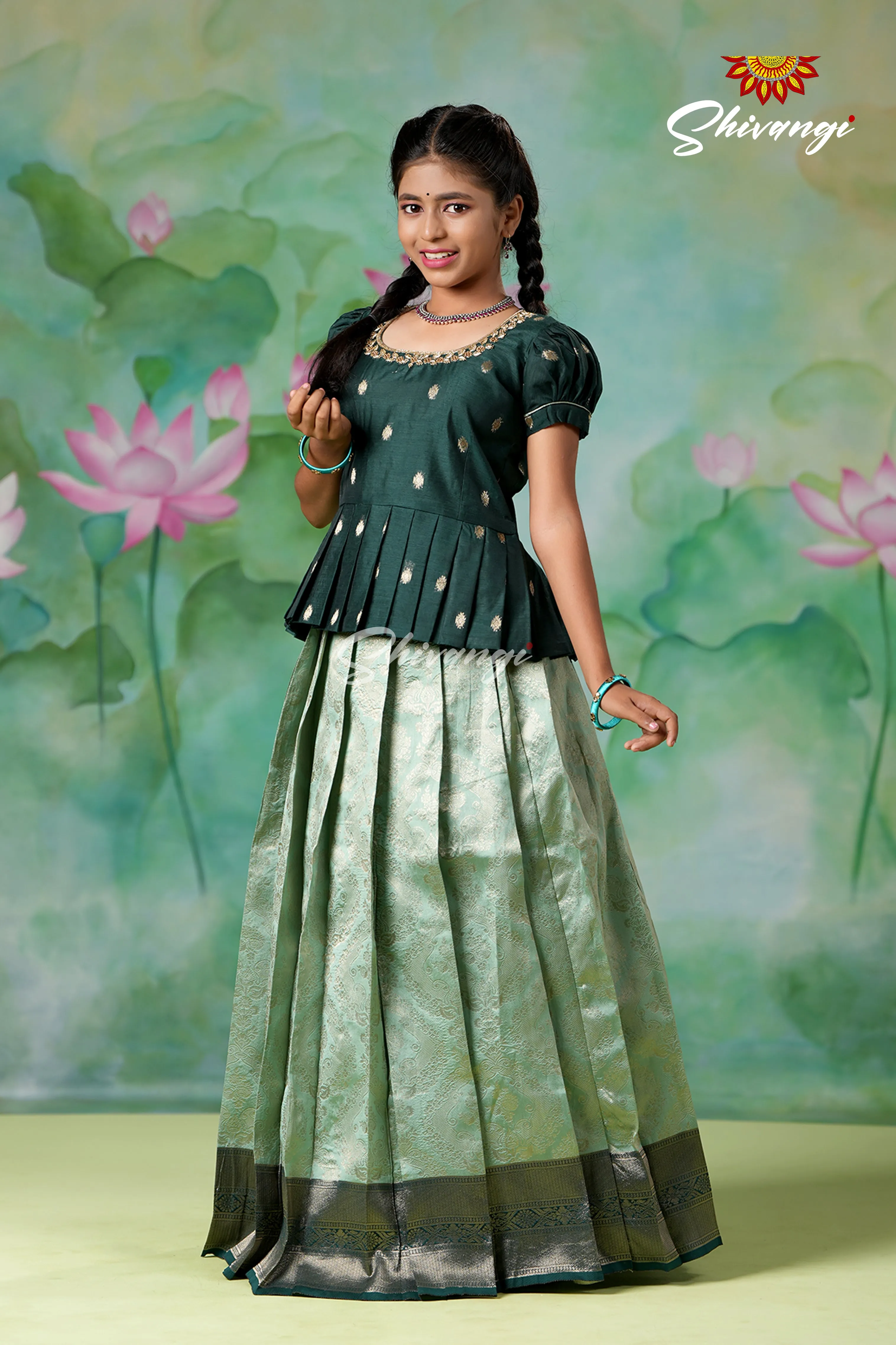 EMB Work Girls Teal Green Golden Cocoon Pattu Pavadai | Langa !!!