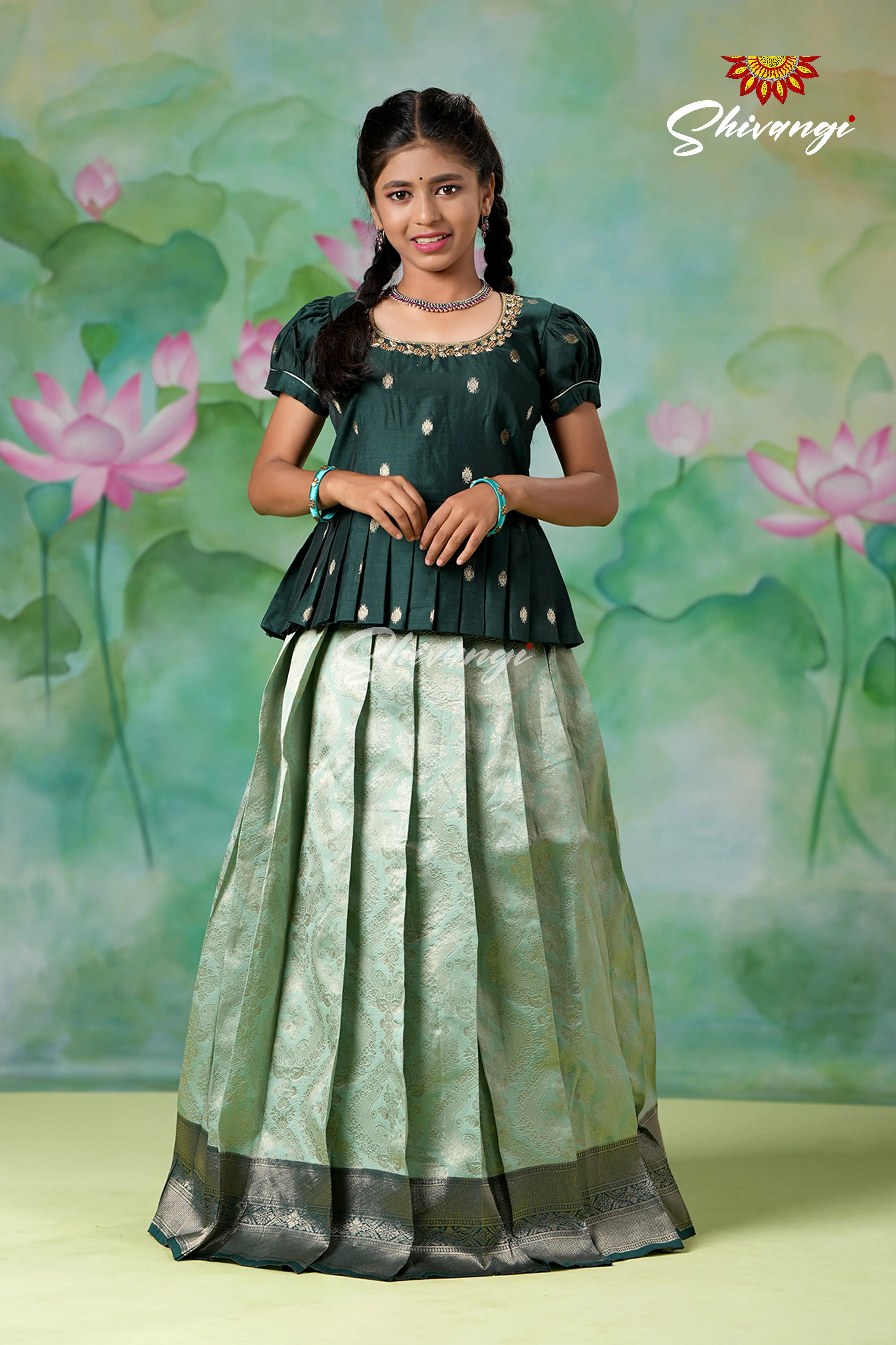 EMB Work Girls Teal Green Golden Cocoon Pattu Pavadai | Langa !!!