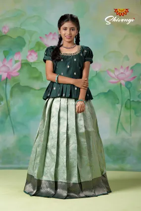 EMB Work Girls Teal Green Golden Cocoon Pattu Pavadai | Langa !!!