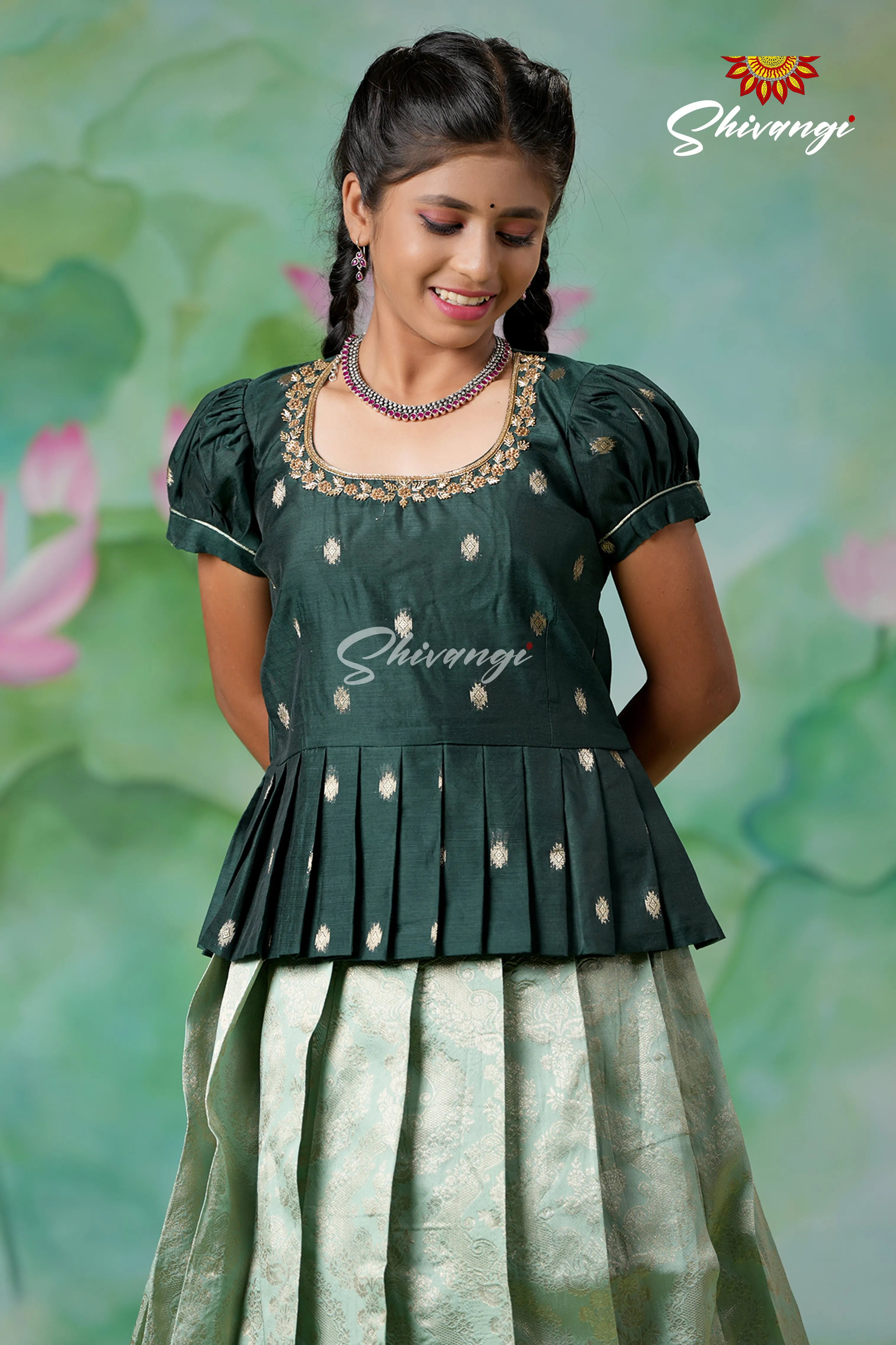 EMB Work Girls Teal Green Golden Cocoon Pattu Pavadai | Langa !!!