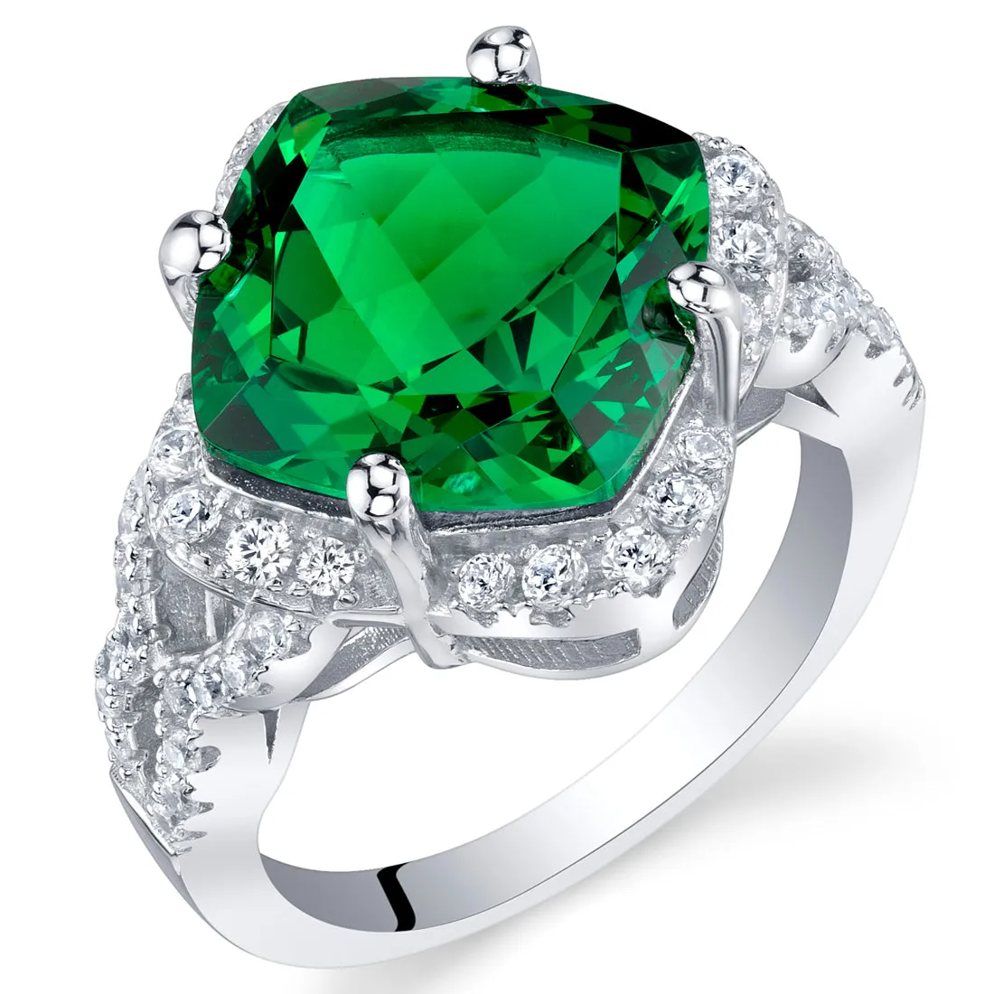 Emerald Cushion Cut Sterling Silver Ring Size 5