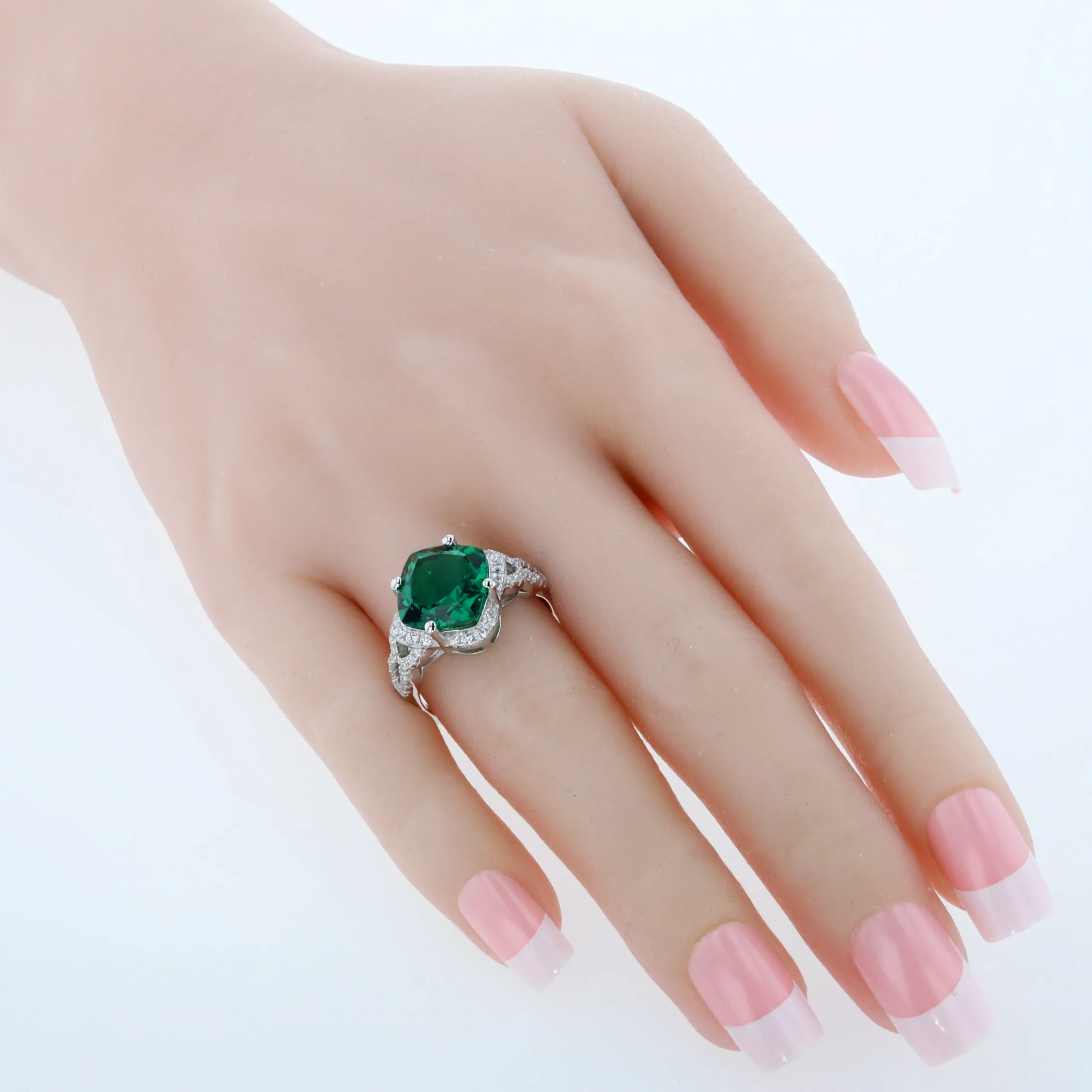 Emerald Cushion Cut Sterling Silver Ring Size 5