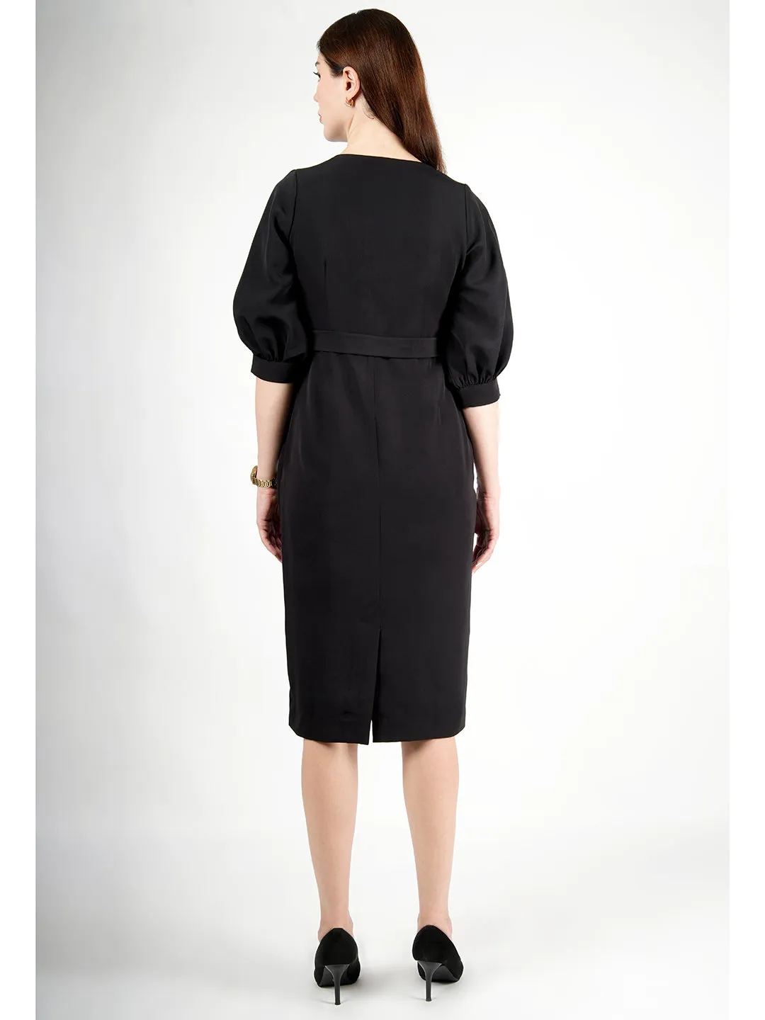 Exude Bright Low 3/4 Puff Sleeve Dress (Black)