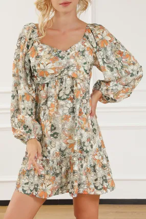 Floral Print Smocked Back Puff Sleeve Mini Dress