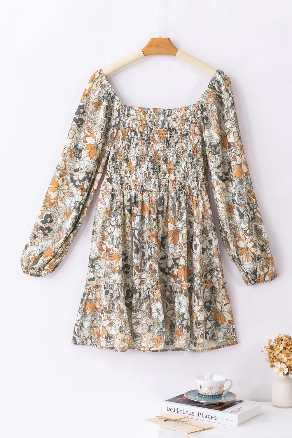 Floral Print Smocked Back Puff Sleeve Mini Dress