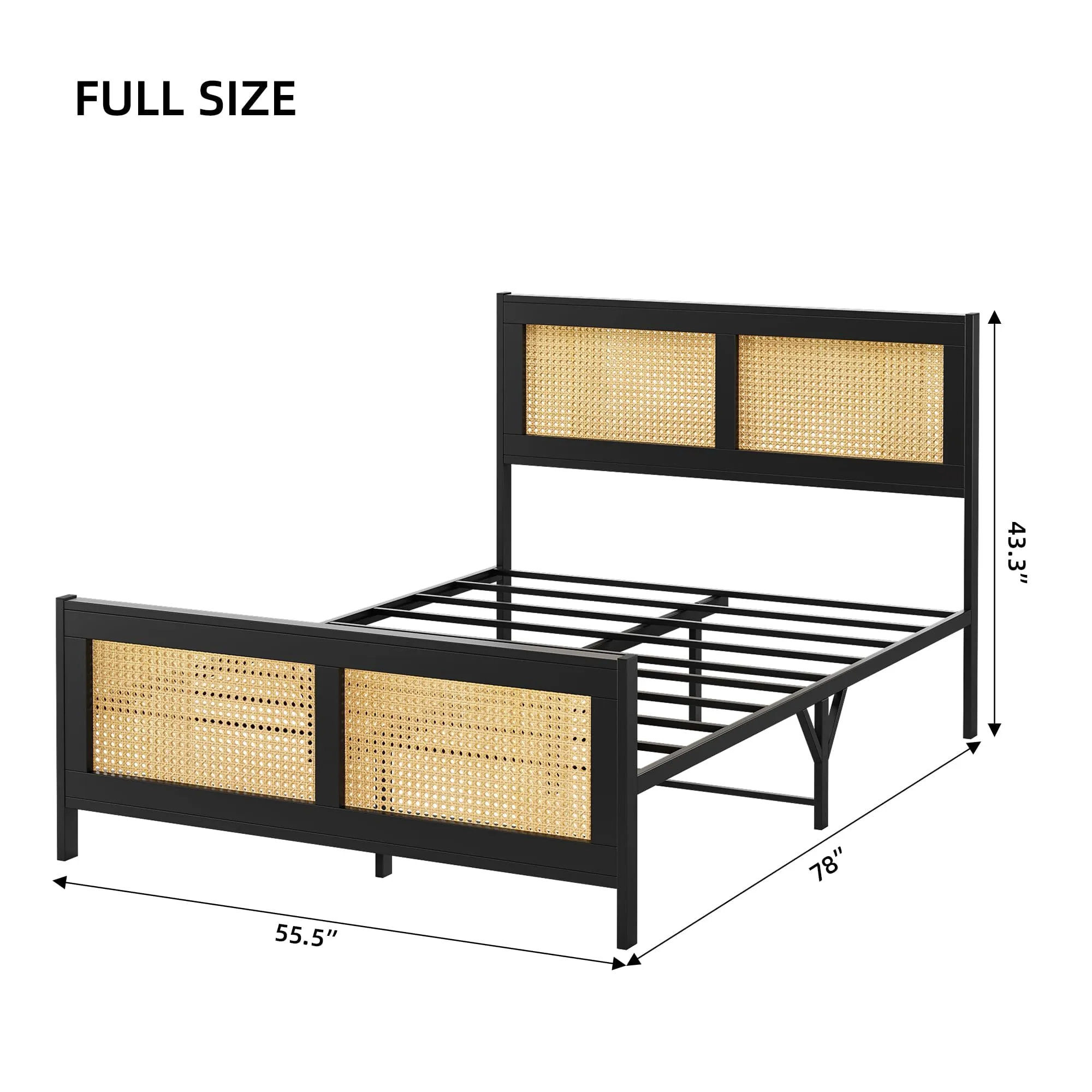 GARVEE Full Size Bed Frame with Rattan Headboard and Footboard, Black Rattan Platform Bed Frame, Mattress Foundation, Noise-Free, No Box Spring Needed, Easy Assembly