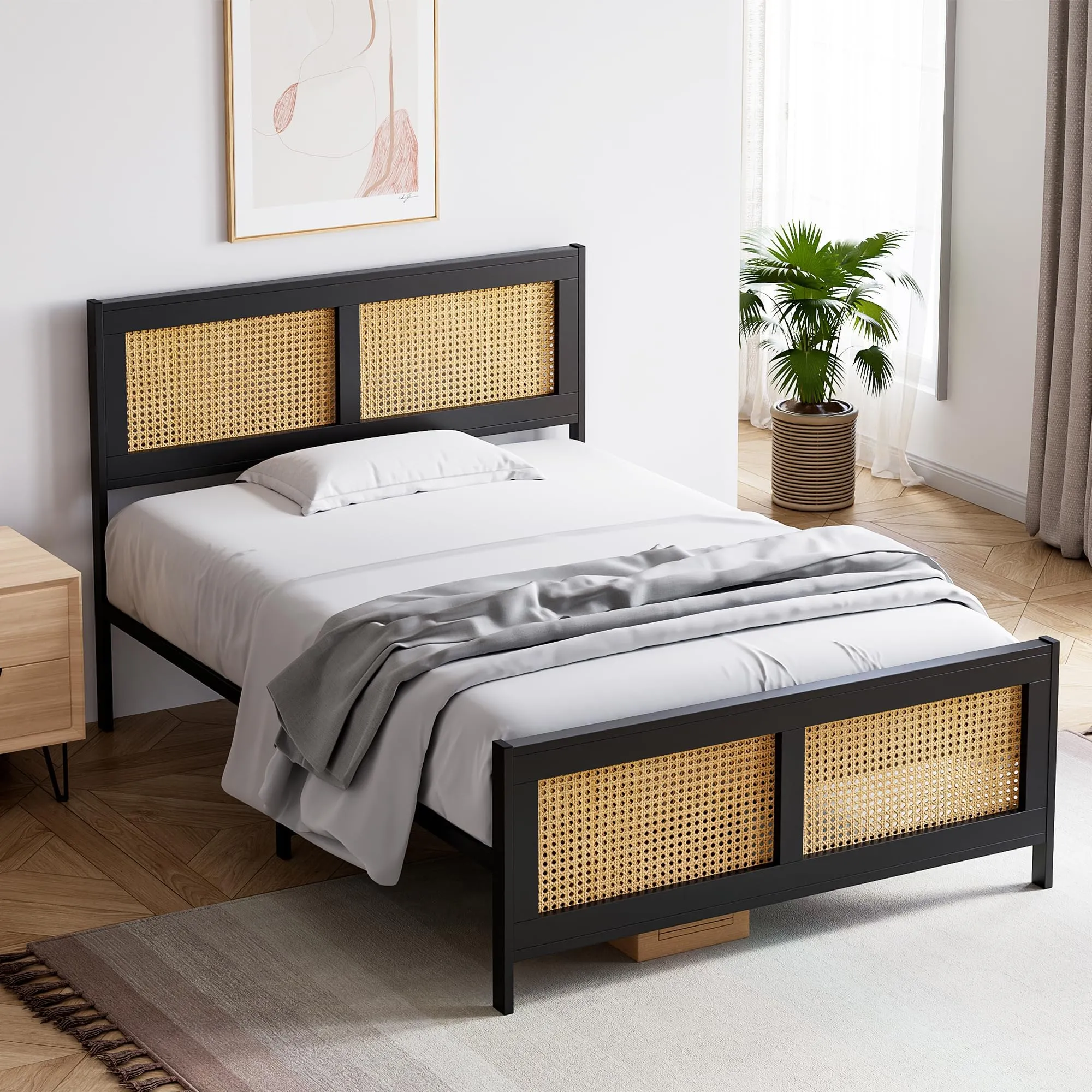 GARVEE Full Size Bed Frame with Rattan Headboard and Footboard, Black Rattan Platform Bed Frame, Mattress Foundation, Noise-Free, No Box Spring Needed, Easy Assembly