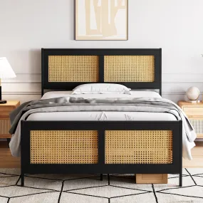 GARVEE Full Size Bed Frame with Rattan Headboard and Footboard, Black Rattan Platform Bed Frame, Mattress Foundation, Noise-Free, No Box Spring Needed, Easy Assembly