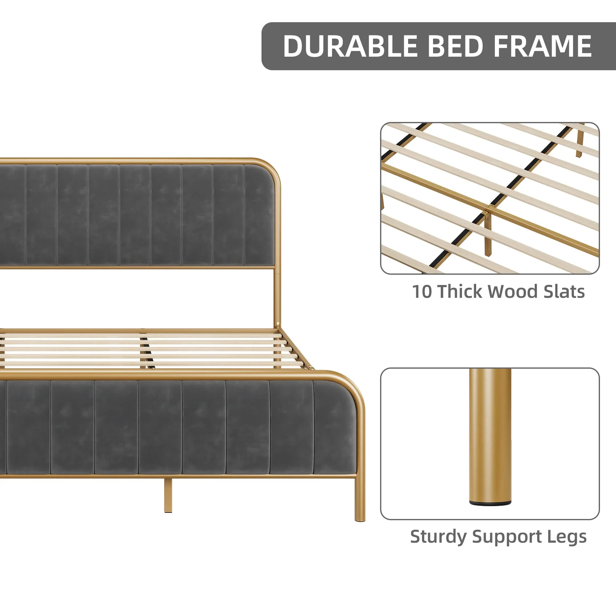 GARVEE Full Size Modern Velvet Tufted Platform Bed Frame   Heavy Duty Mattress Foundation   Wood Slats   Gold Metal Frame   Noise Free Design   No Box Spring Needed   Bedroom in Grey