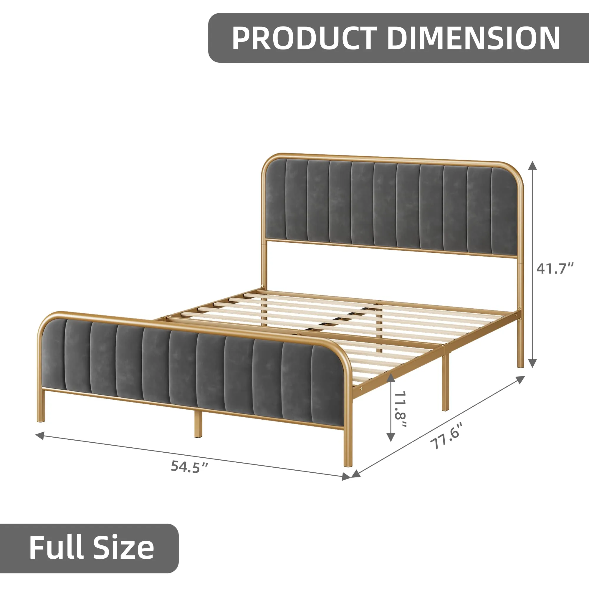 GARVEE Full Size Modern Velvet Tufted Platform Bed Frame   Heavy Duty Mattress Foundation   Wood Slats   Gold Metal Frame   Noise Free Design   No Box Spring Needed   Bedroom in Grey