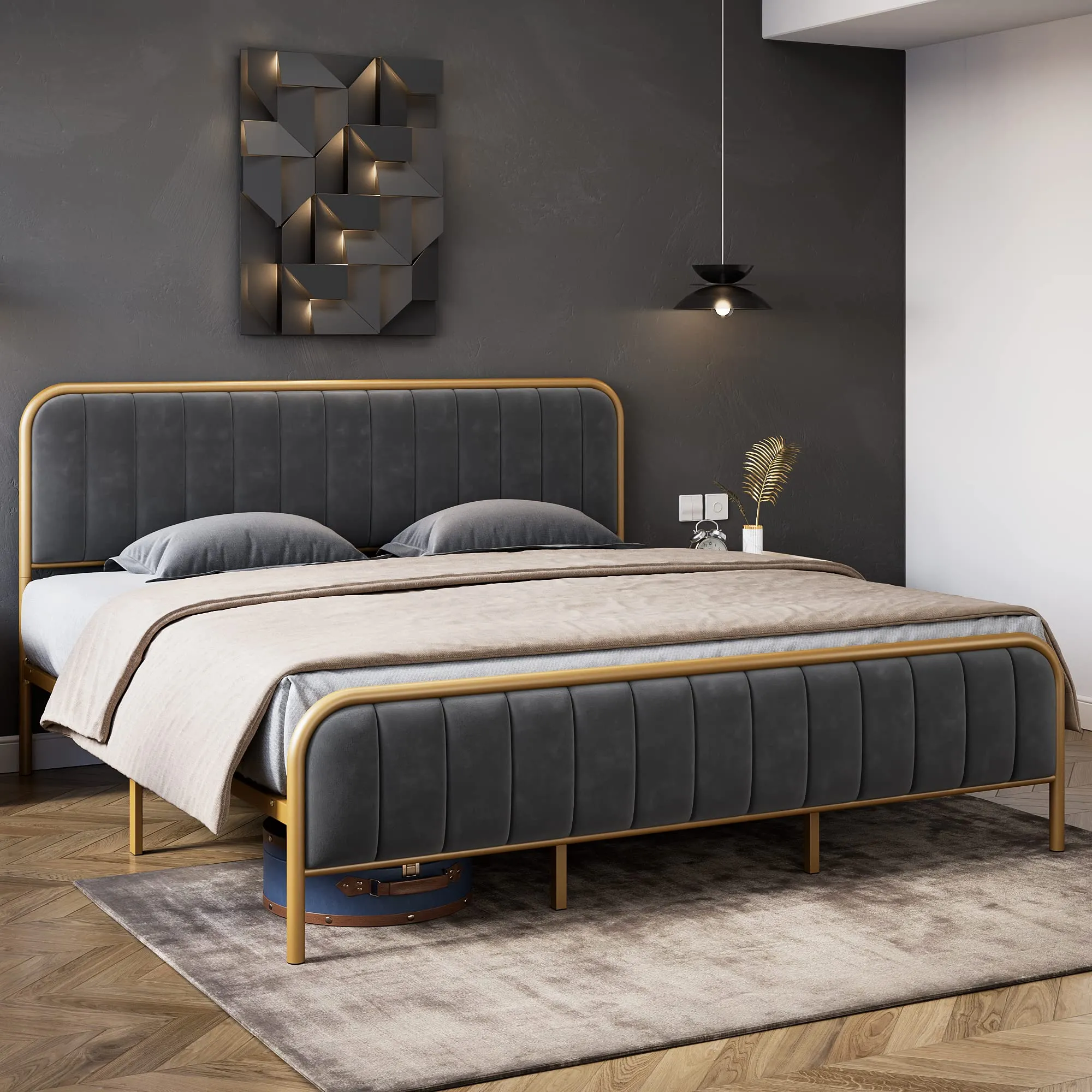 GARVEE Full Size Modern Velvet Tufted Platform Bed Frame   Heavy Duty Mattress Foundation   Wood Slats   Gold Metal Frame   Noise Free Design   No Box Spring Needed   Bedroom in Grey