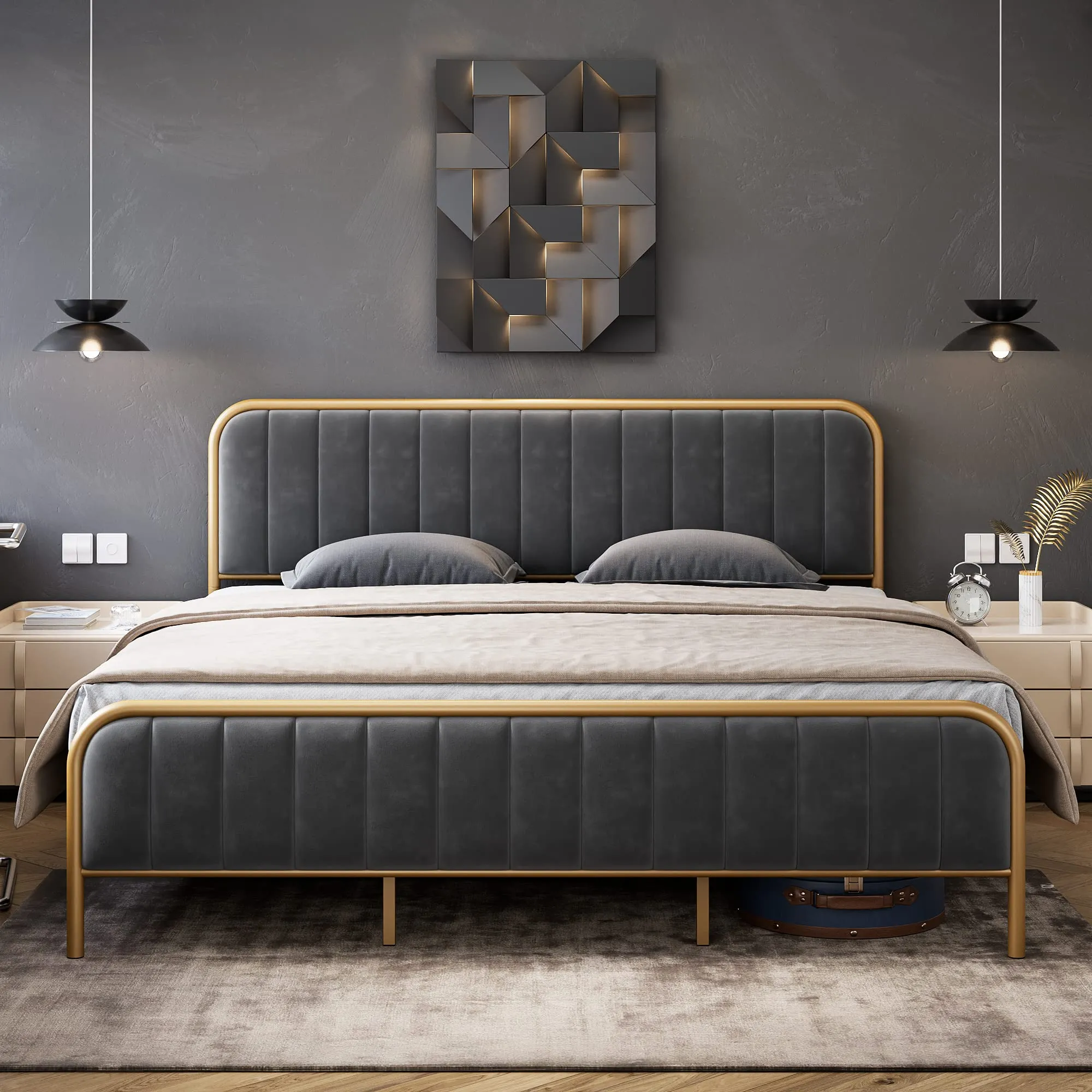 GARVEE Full Size Modern Velvet Tufted Platform Bed Frame   Heavy Duty Mattress Foundation   Wood Slats   Gold Metal Frame   Noise Free Design   No Box Spring Needed   Bedroom in Grey