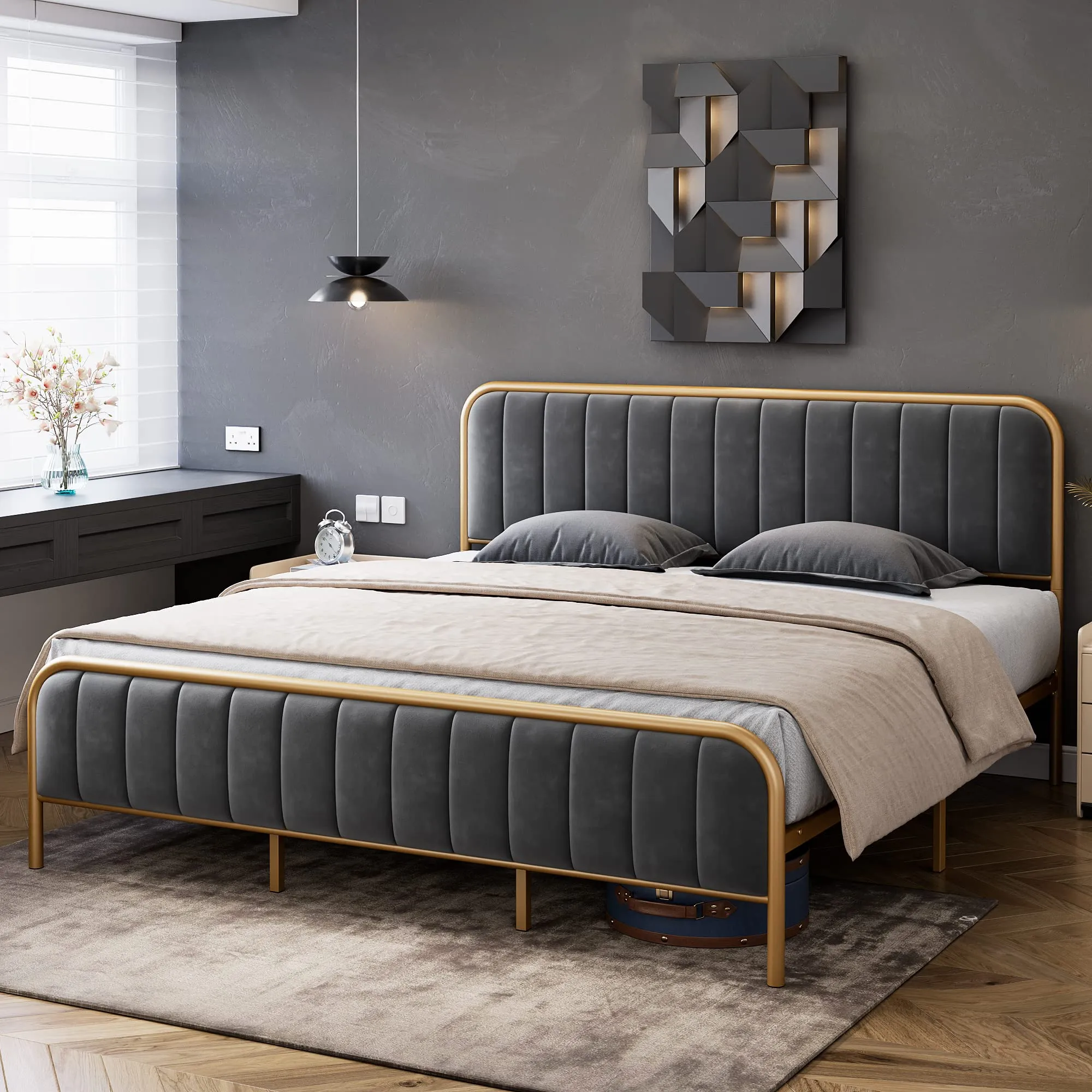 GARVEE Full Size Modern Velvet Tufted Platform Bed Frame   Heavy Duty Mattress Foundation   Wood Slats   Gold Metal Frame   Noise Free Design   No Box Spring Needed   Bedroom in Grey