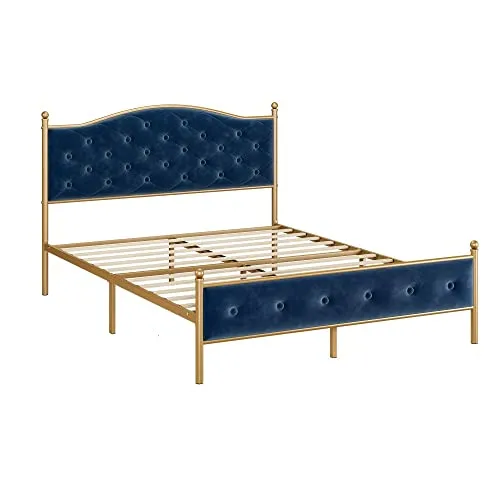 GARVEE Full Size Upholstered Button Tufted Platform Bed Frame   Velvet Fabric   Heavy Duty Mattress Foundation   Metal Frame   Wood Slats   Blue   Modern Design   Ample Storage Space