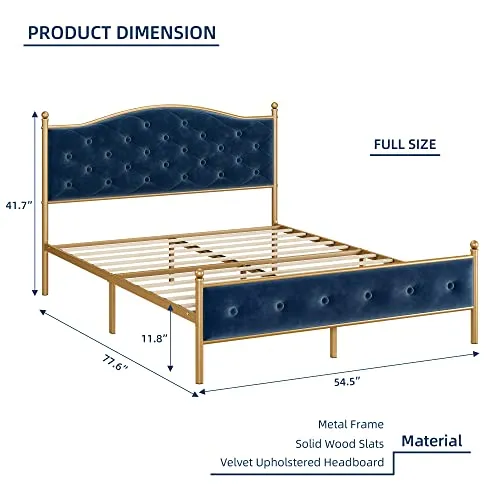 GARVEE Full Size Upholstered Button Tufted Platform Bed Frame   Velvet Fabric   Heavy Duty Mattress Foundation   Metal Frame   Wood Slats   Blue   Modern Design   Ample Storage Space