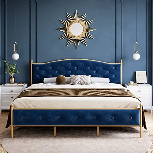 GARVEE Full Size Upholstered Button Tufted Platform Bed Frame   Velvet Fabric   Heavy Duty Mattress Foundation   Metal Frame   Wood Slats   Blue   Modern Design   Ample Storage Space