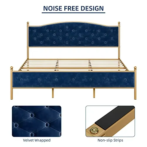 GARVEE Full Size Upholstered Button Tufted Platform Bed Frame   Velvet Fabric   Heavy Duty Mattress Foundation   Metal Frame   Wood Slats   Blue   Modern Design   Ample Storage Space