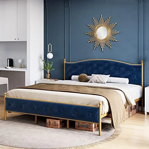 GARVEE Full Size Upholstered Button Tufted Platform Bed Frame   Velvet Fabric   Heavy Duty Mattress Foundation   Metal Frame   Wood Slats   Blue   Modern Design   Ample Storage Space