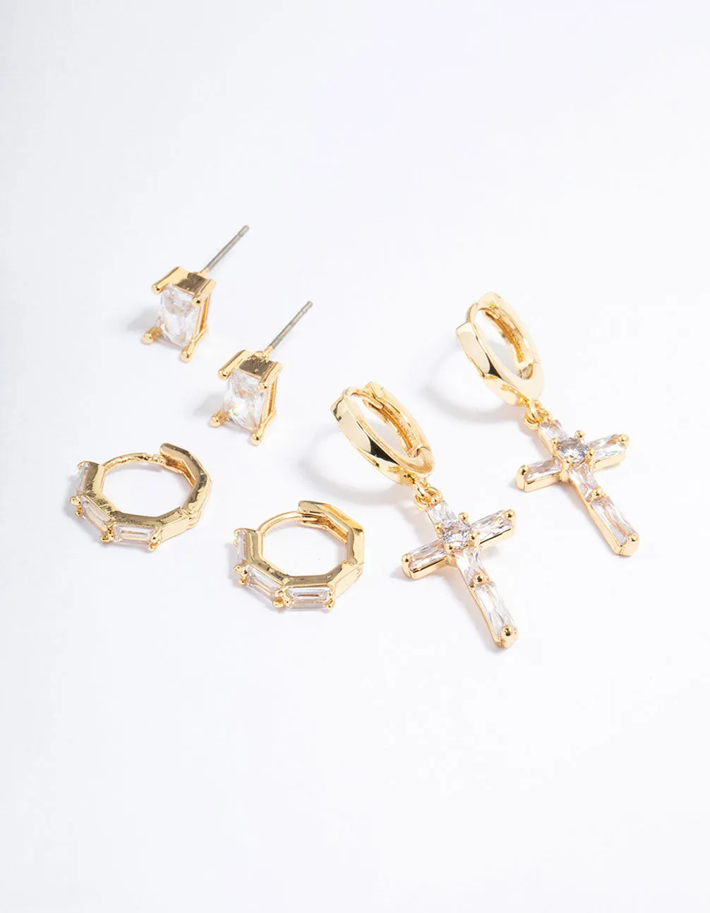 Gold Plated Baguette Cross Earrings Pack