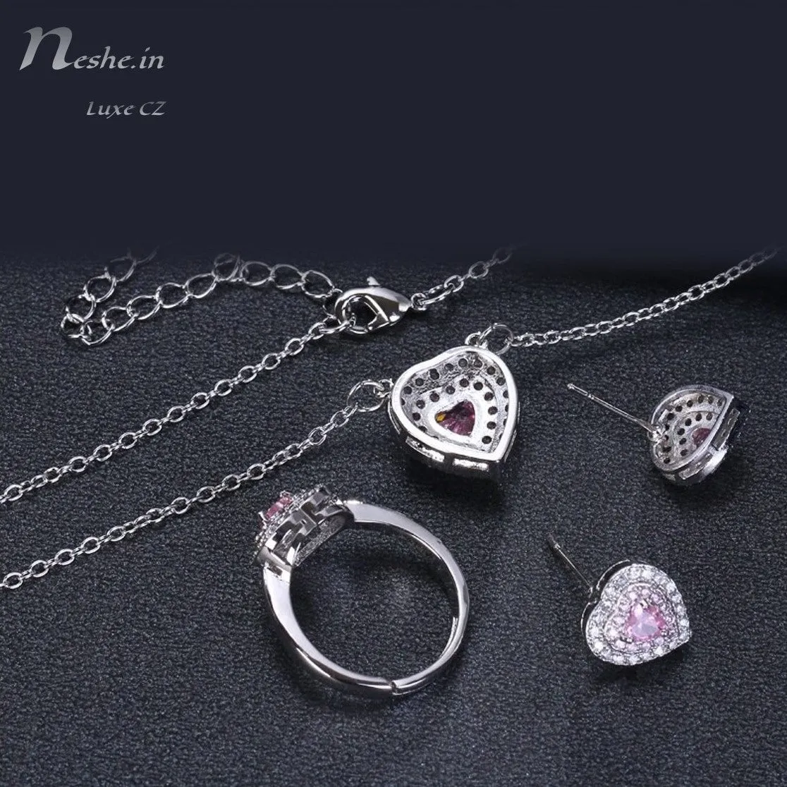 Heart Shape Pink CZ Crystal Necklace Earring & Adjustable Ring Set