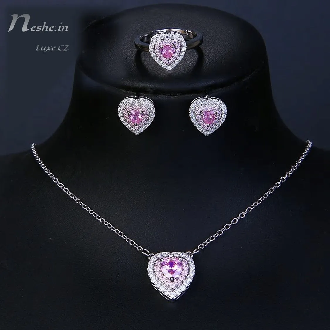 Heart Shape Pink CZ Crystal Necklace Earring & Adjustable Ring Set