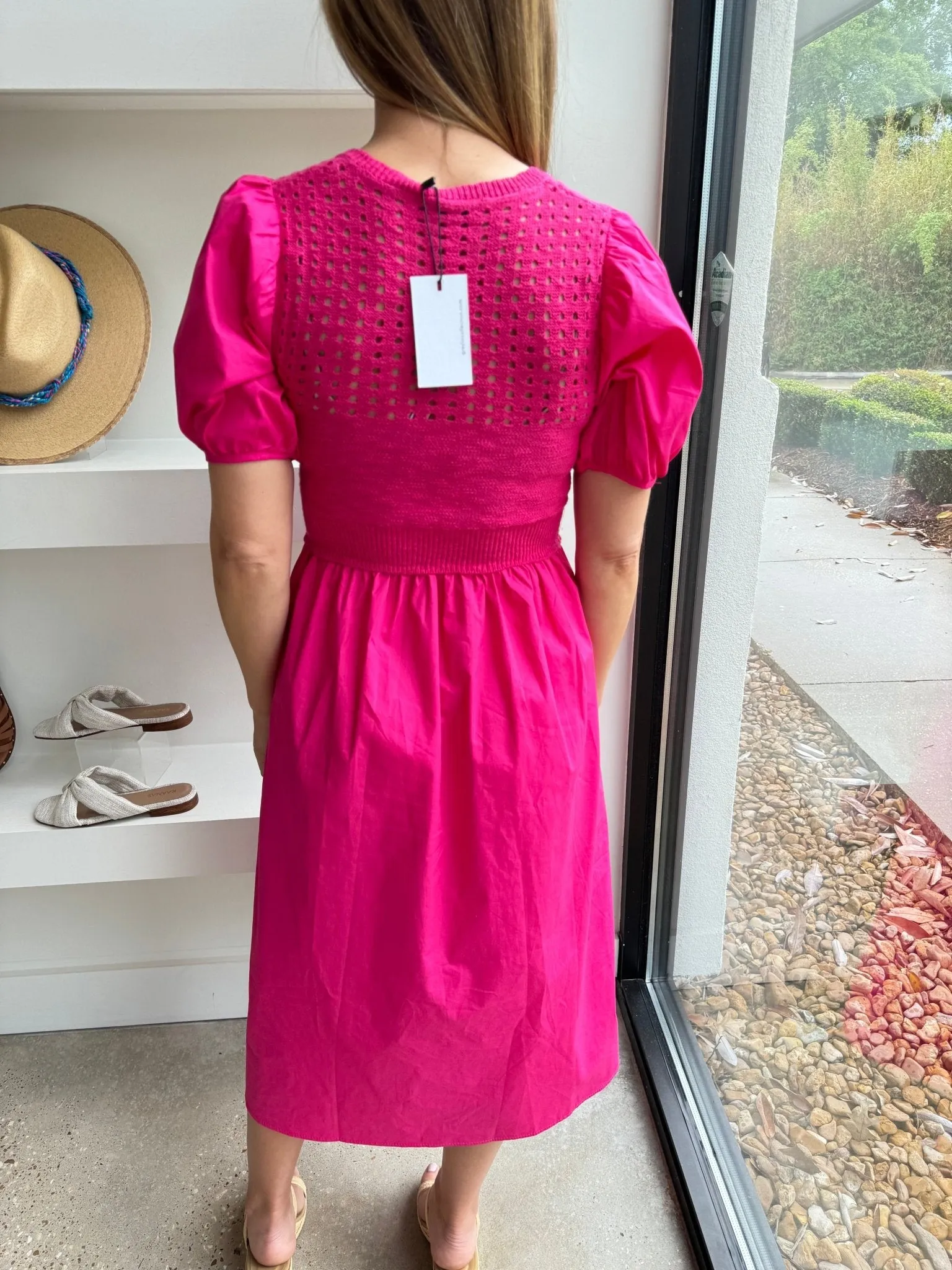 Hot Pink Barkley Crochet Knit Mix Poplin Dress