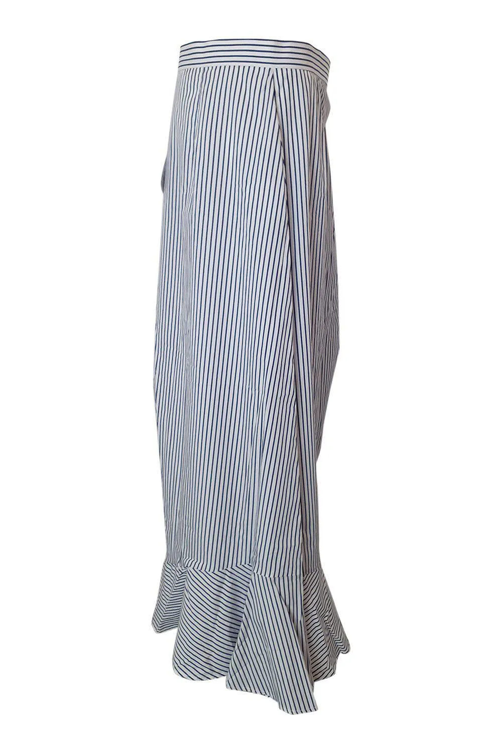 IRIS & INK Blue White Striped Cotton Asymmetric Midi Skirt (UK 14)