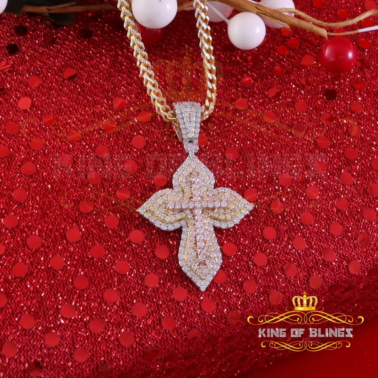 King Of Bling's Yellow 3.00 VVS D Moissanite Silver Charm Cross Floury Pendant Men's & Women's