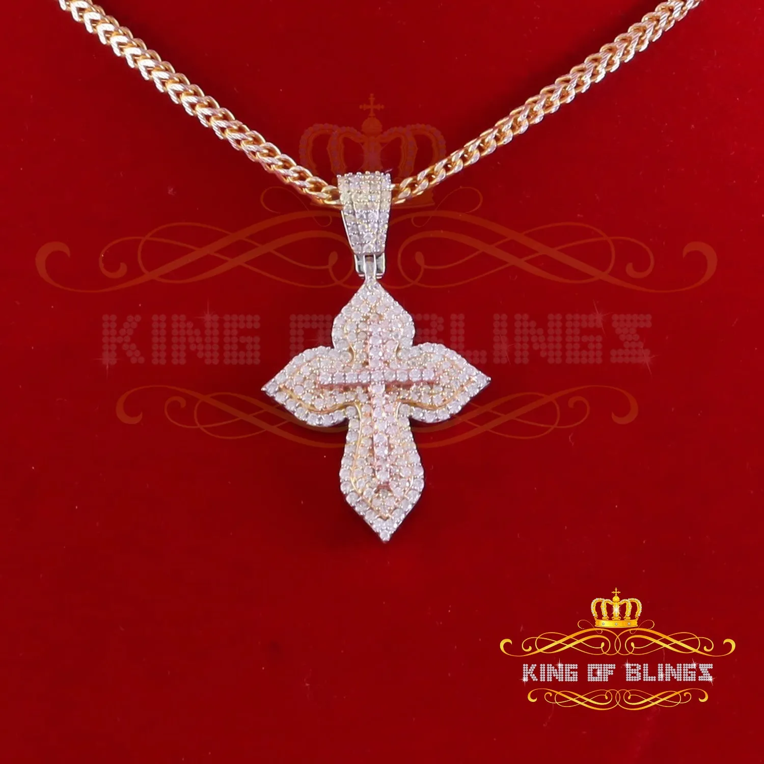 King Of Bling's Yellow 3.00 VVS D Moissanite Silver Charm Cross Floury Pendant Men's & Women's