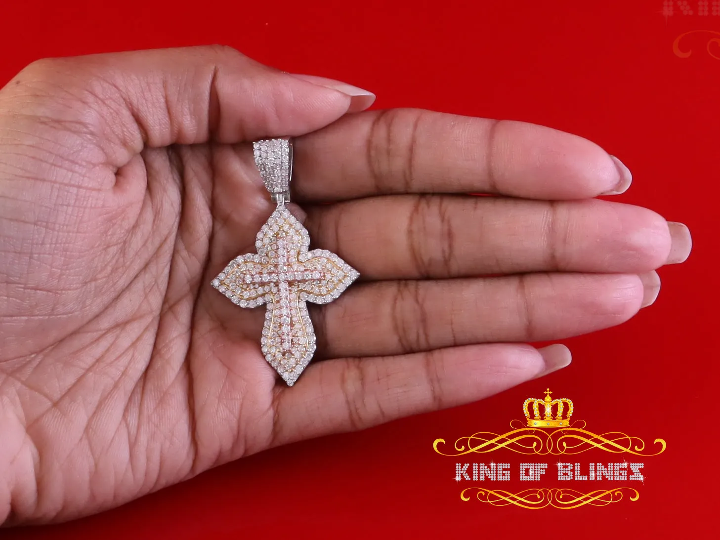 King Of Bling's Yellow 3.00 VVS D Moissanite Silver Charm Cross Floury Pendant Men's & Women's