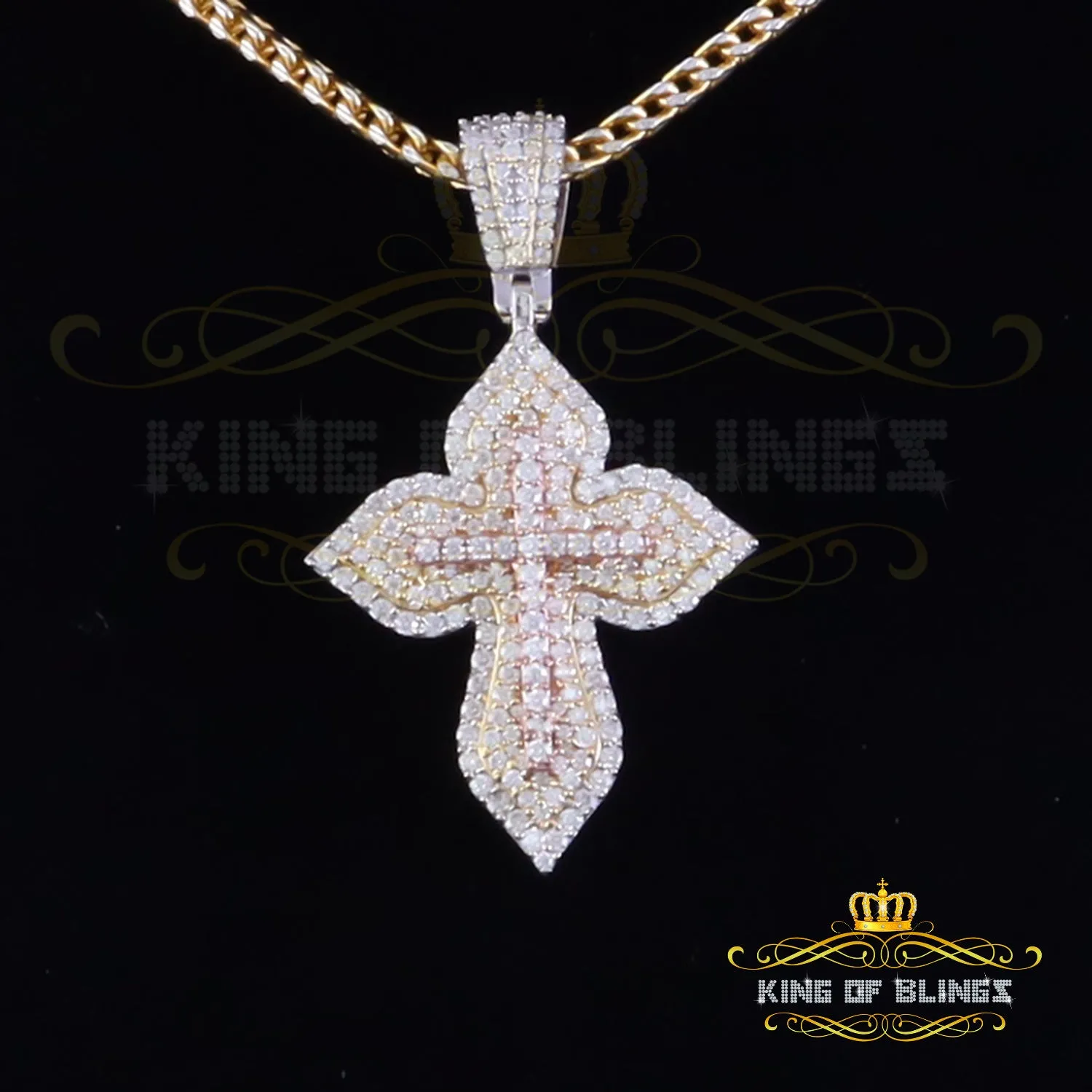 King Of Bling's Yellow 3.00 VVS D Moissanite Silver Charm Cross Floury Pendant Men's & Women's