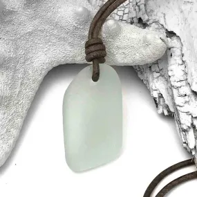 Large Slab Shaped Soft Blue Sea Glass Leather Necklace | #1390