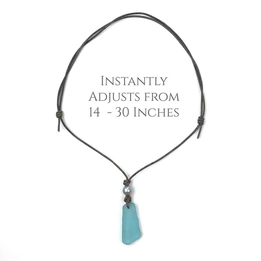 Large Slab Shaped Soft Blue Sea Glass Leather Necklace | #1390