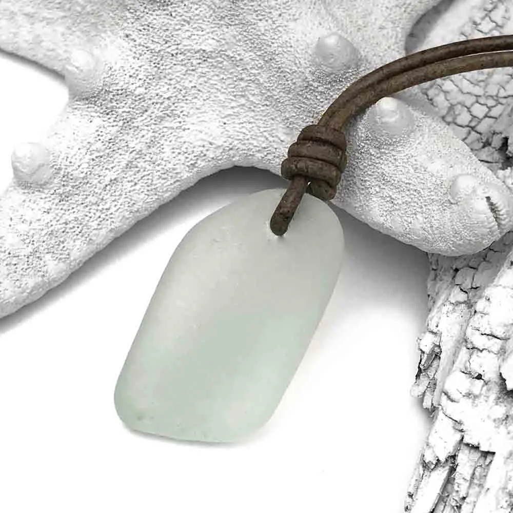 Large Slab Shaped Soft Blue Sea Glass Leather Necklace | #1390