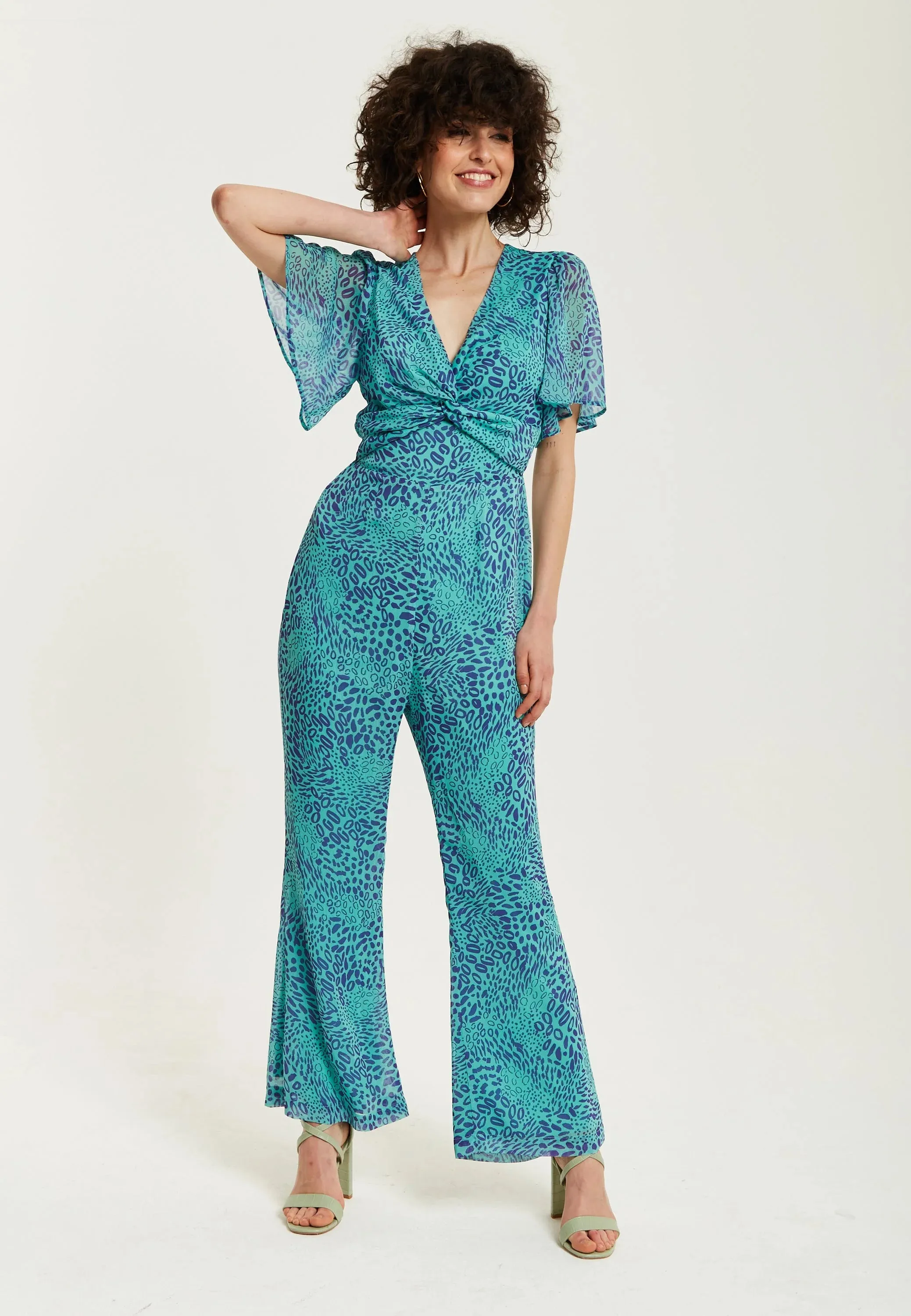 Liquorish Blue Animal Print Knot Front Jumpsuit