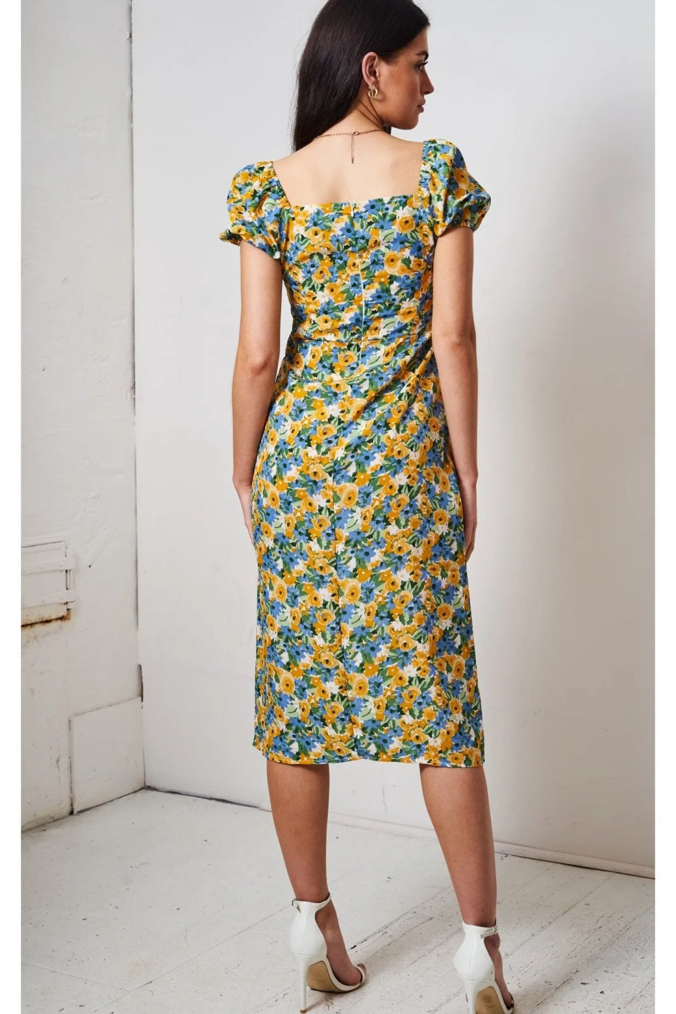 Love Frontrow Blue/yellow Floral Short Sleeve Midi Dress