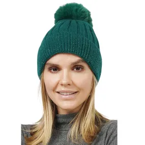 Lurex Ribbed Knit Pom Pom Beanie Hat