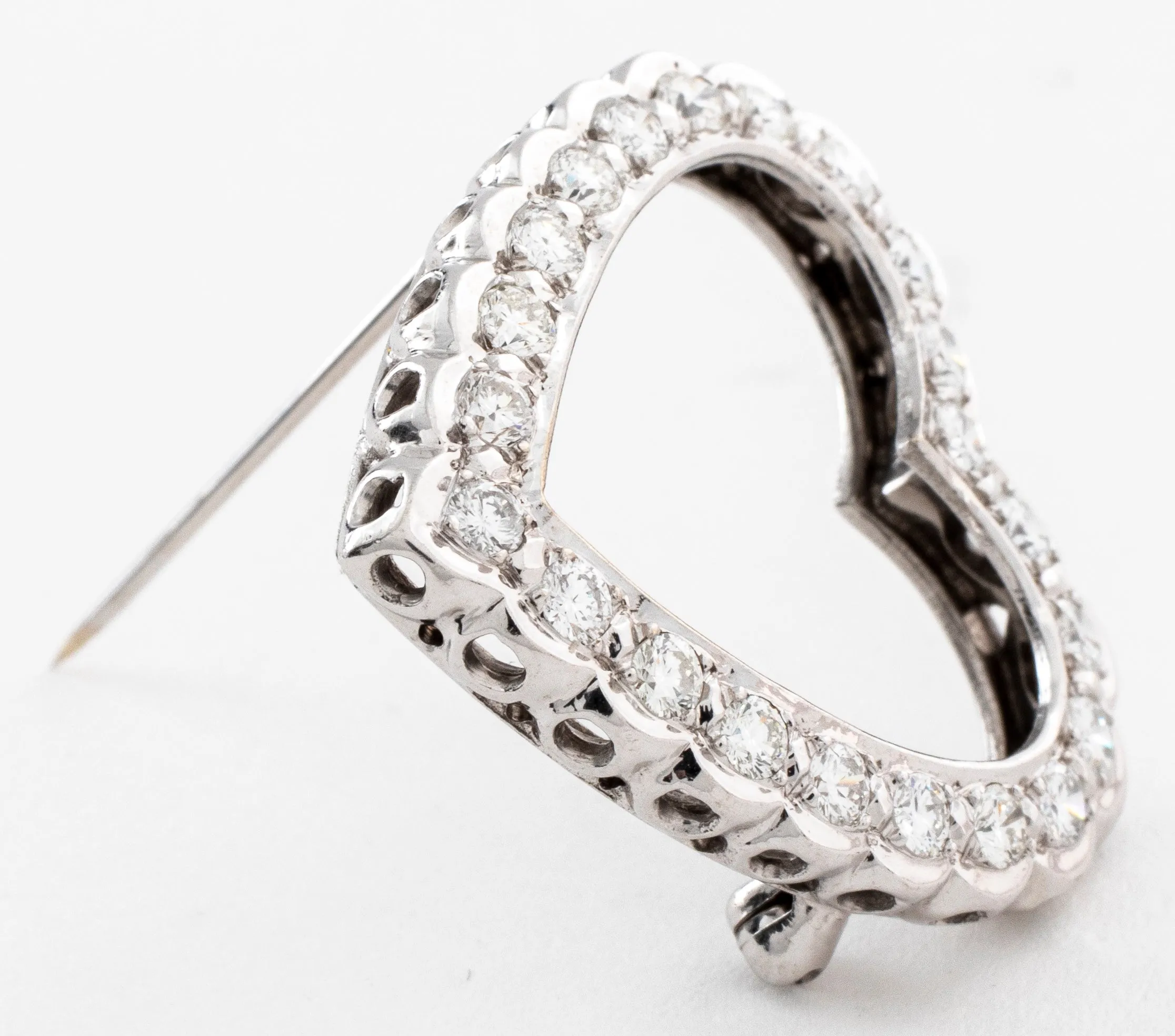 Modern Palladium Diamond Heart Brooch / Pin