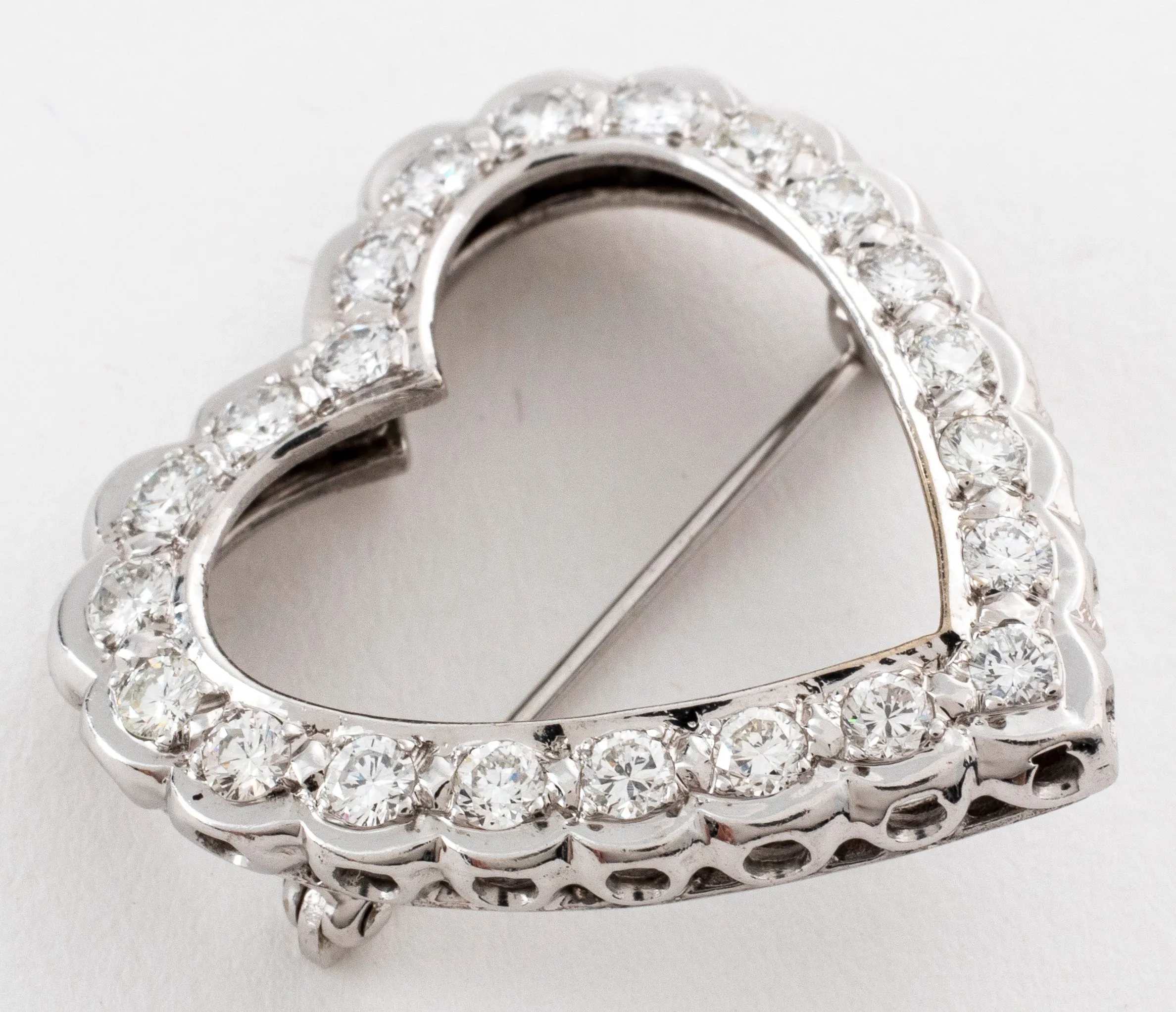 Modern Palladium Diamond Heart Brooch / Pin