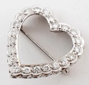 Modern Palladium Diamond Heart Brooch / Pin