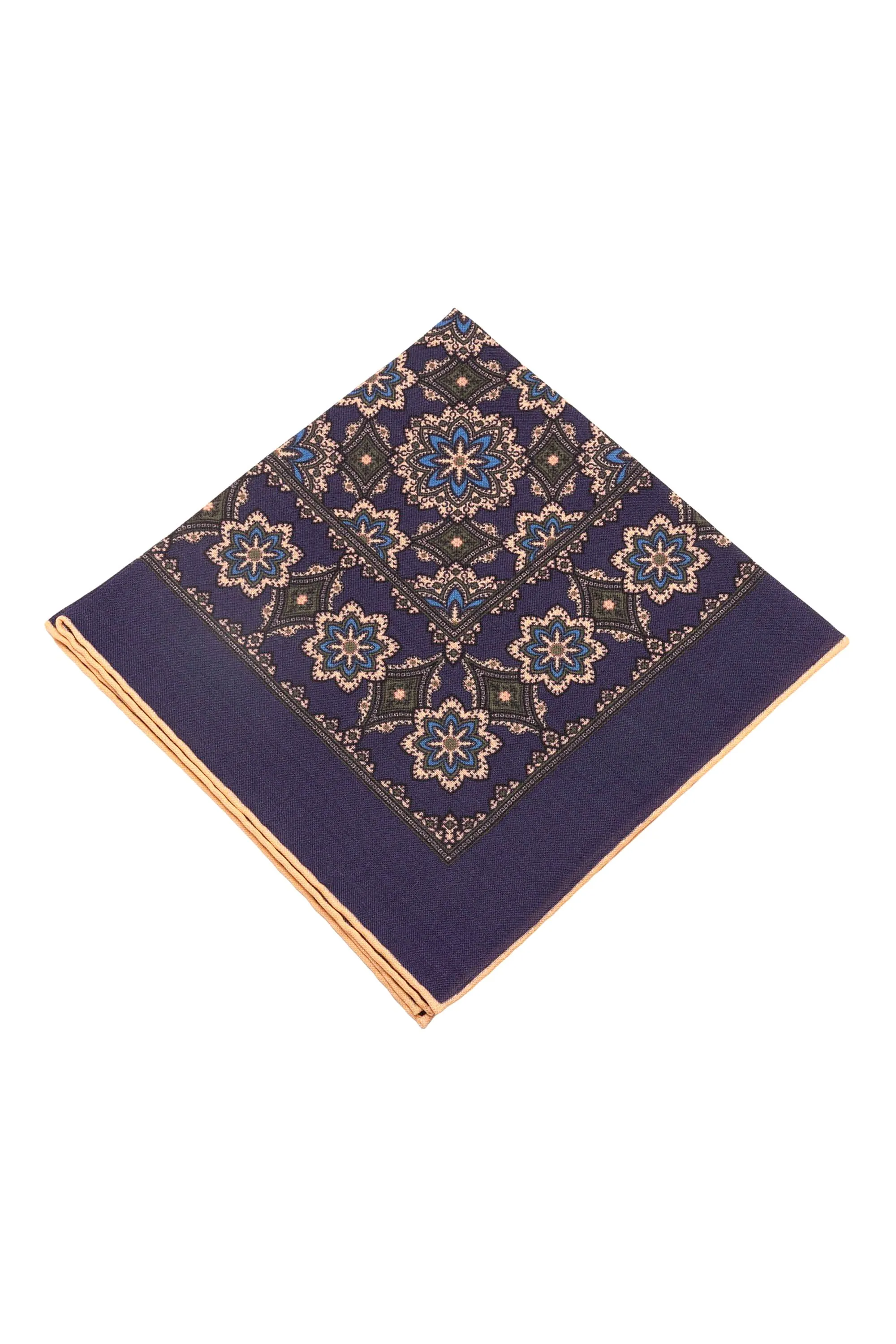 Navy Blue Geometric Medallion Silk Wool Pocket Square