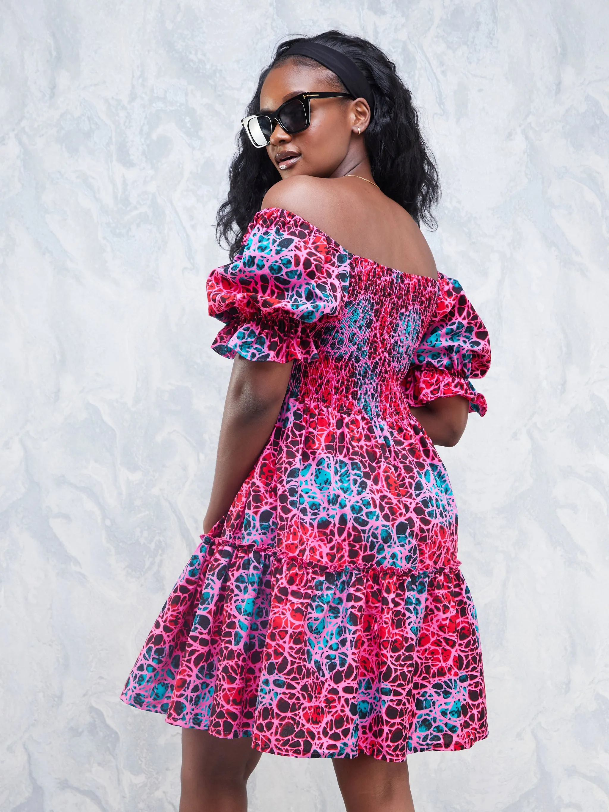 Nimali Bustier Knee Length Dress - Pink / Teal Ankara Print