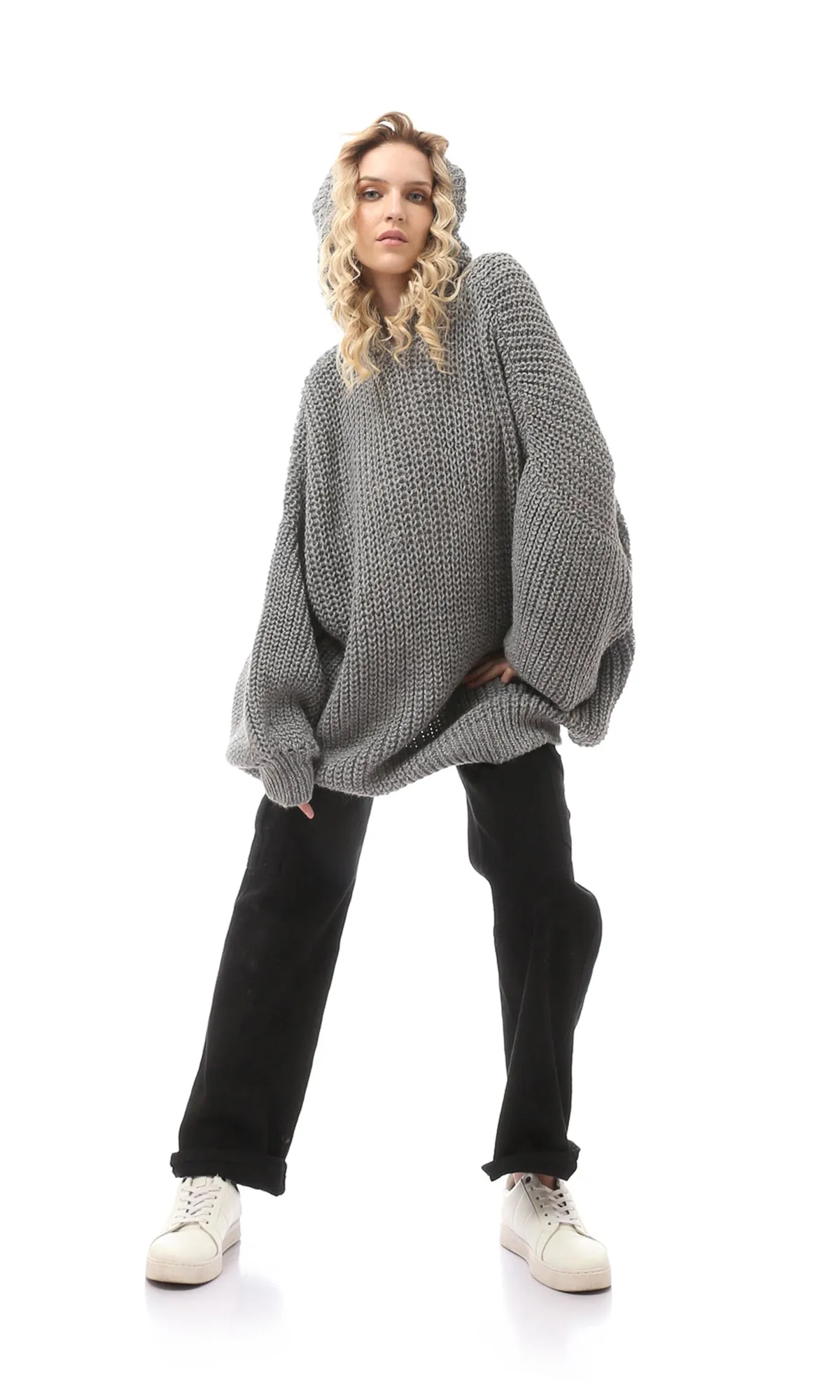 O168904 Oversized Grey Knitted Slip On Pullover