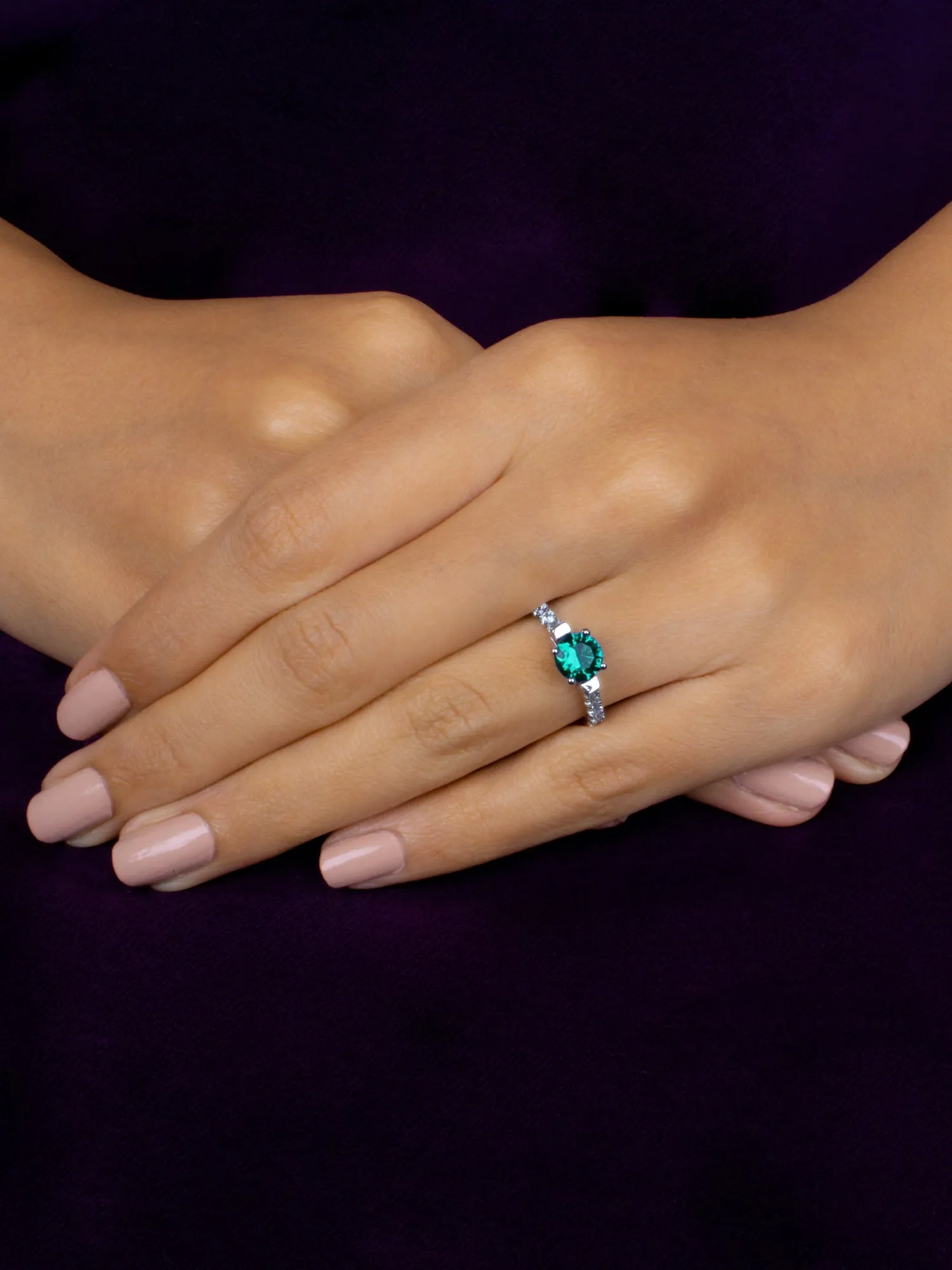 Ornate Jewels Emerald Green Solitaire Silver Ring For Women