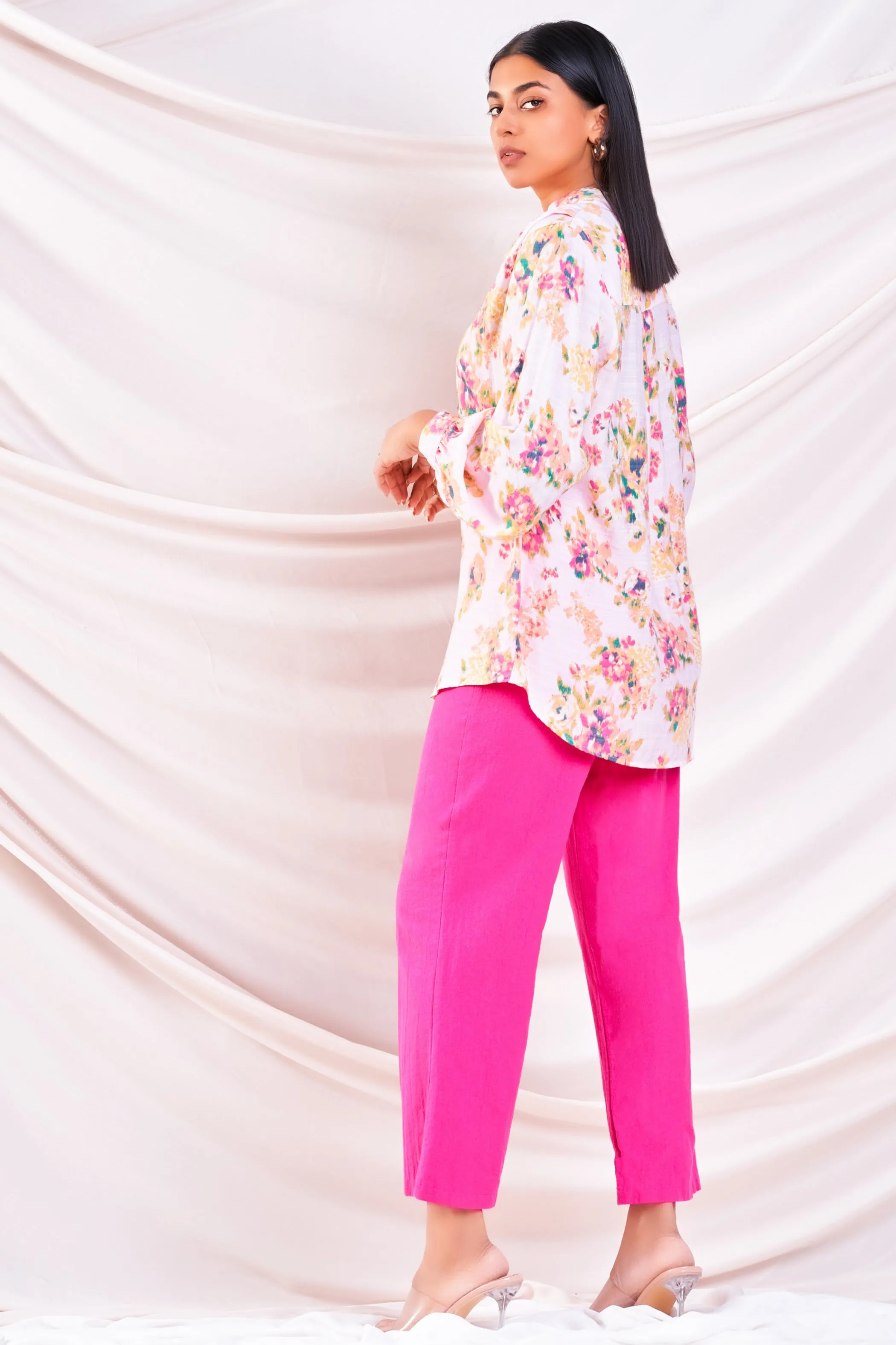 Pink Printed Chinese Collar Top