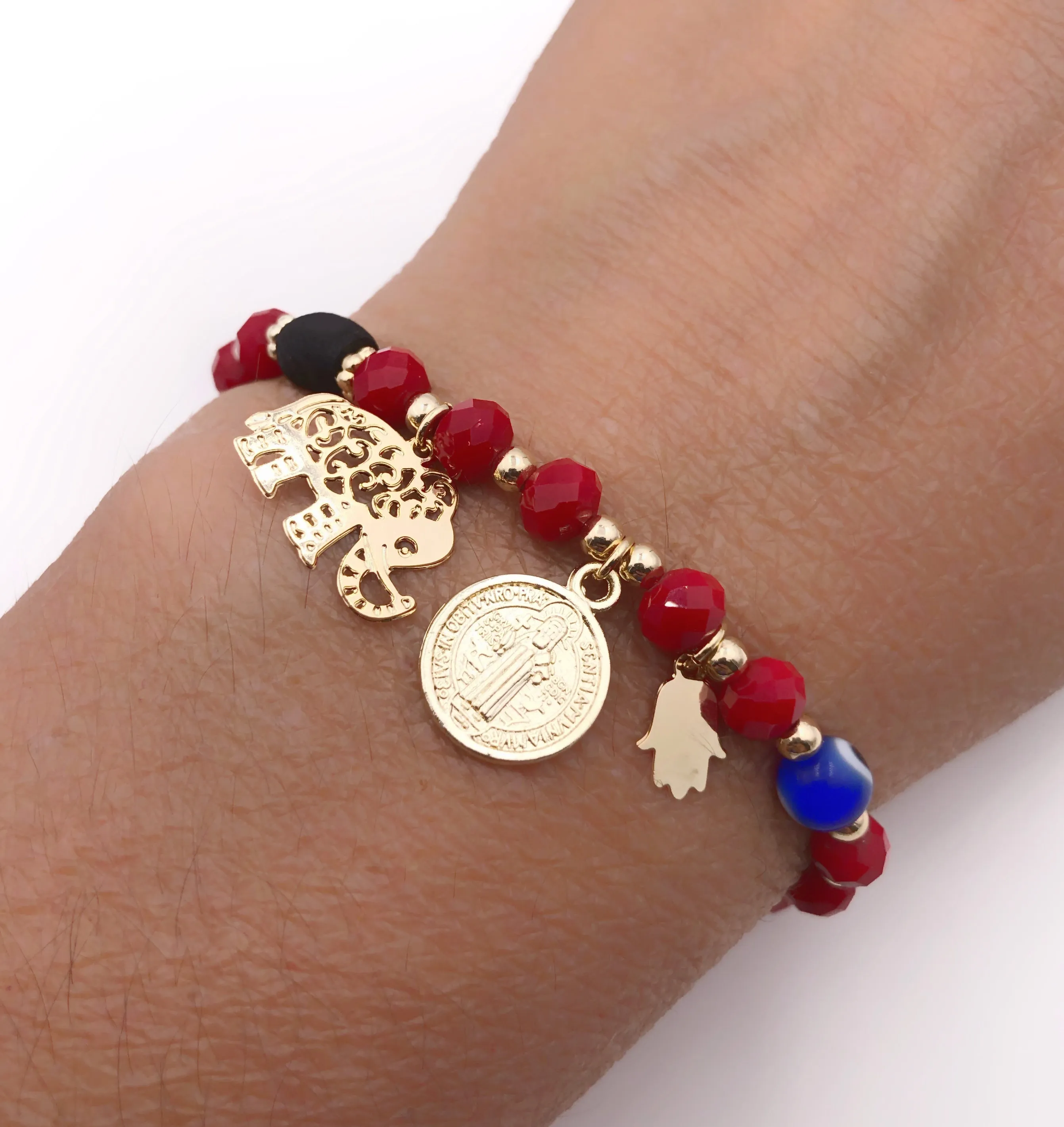 Powerful Protection Amulet Bracelet, Evil Eye, Hamsa, Elephant, Azabache, St. Benedict Pulsera Mal de Ojo