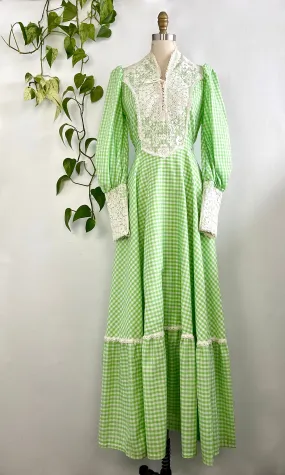 PRAIRIE TALE Vintage 70s Gingham Granny Dress, Size Small