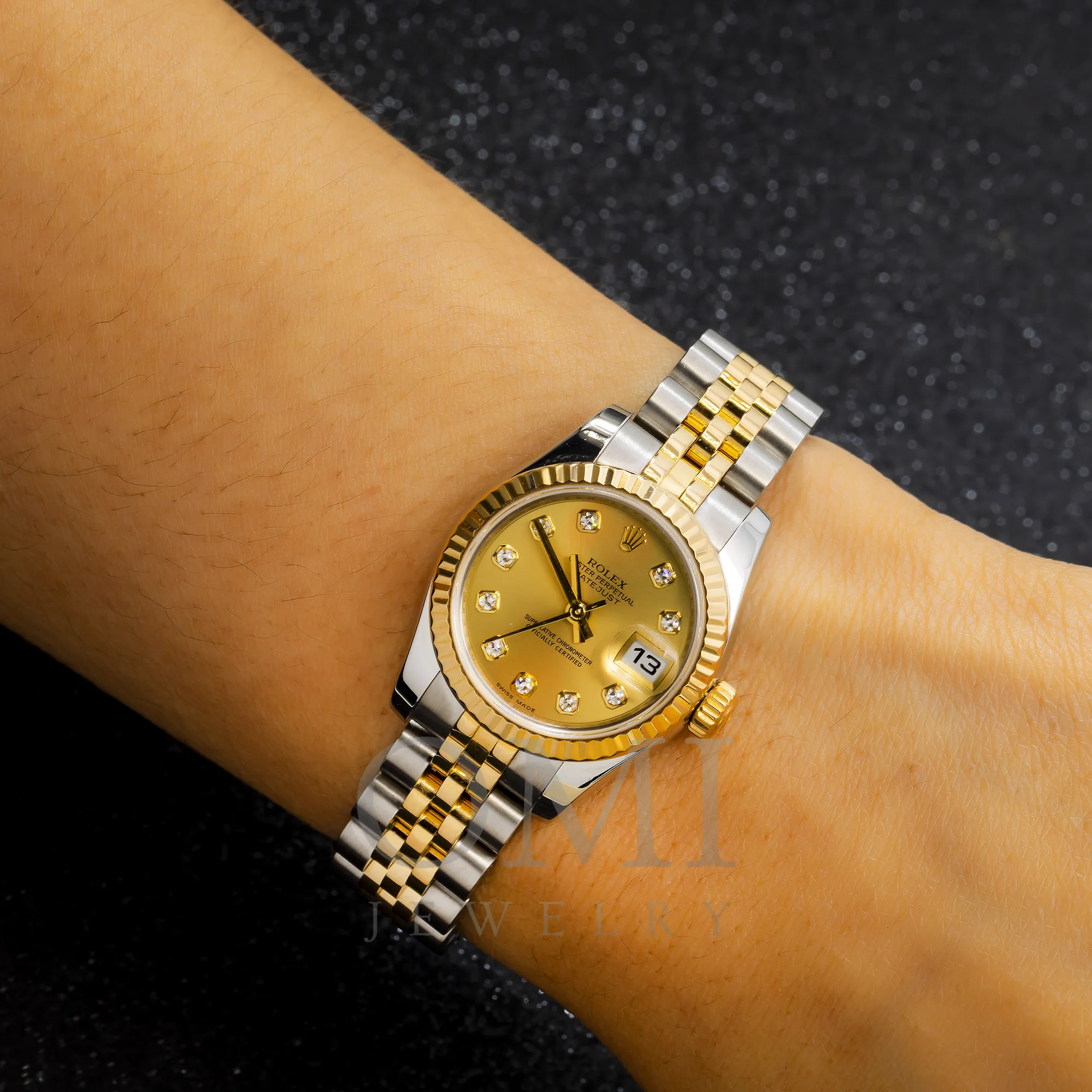 ROLEX DATEJUST DIAMOND WATCH, 179173 26MM, CHAMPAGNE DIAMOND DIAL AND 2 TONE JUBILEE BRACELET.