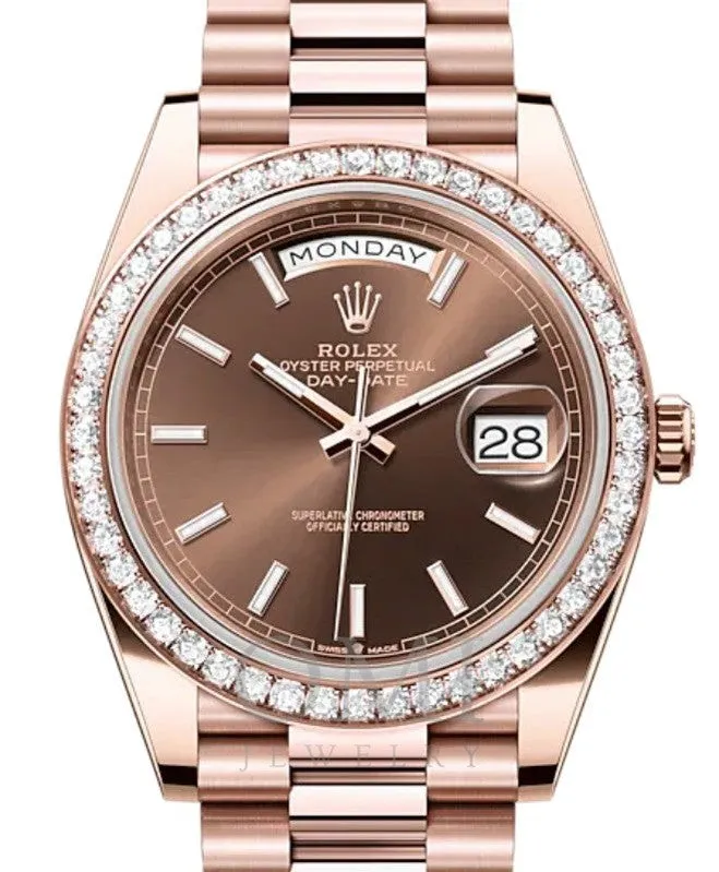 ROLEX DAY-DATE 40 ROSE GOLD CHOCOLATE INDEX DIAL & DIAMOND BEZEL 228345RBR WITH ROSE GOLD PRESIDENT OYSTER BRACELET